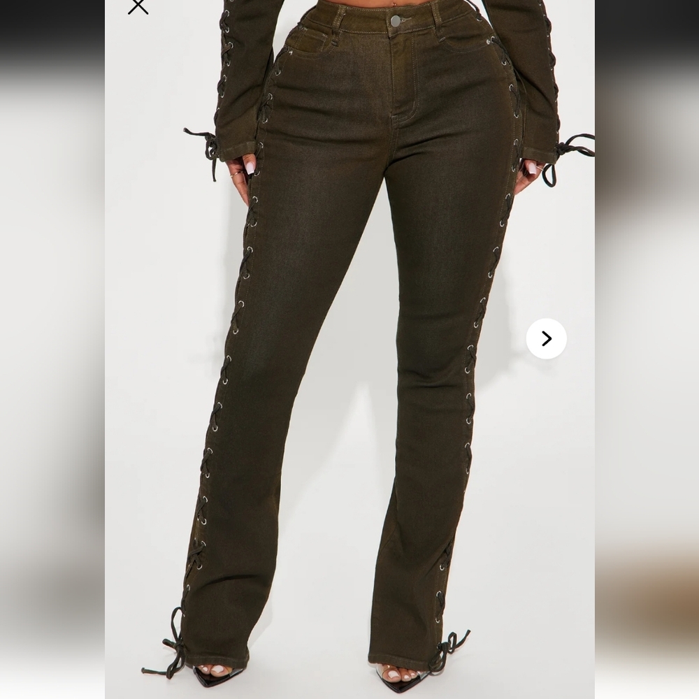 Fashion Nova Olive Green Lace-Up Side Jeans